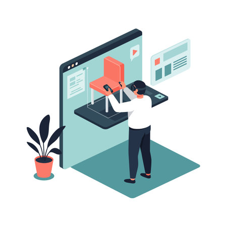 A man adjusts a red chair model projected from a digital screen in a minimalistic room with a potted plant, illustrating virtual design.のイラスト素材
