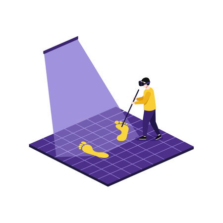 A man in yellow shirt and dark pants uses a metal detector on a purple grid floor, highlighting two large yellow footprints.のイラスト素材
