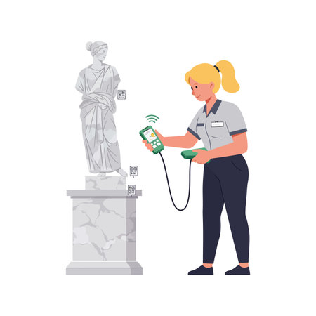 A woman with blonde ponytail uses a handheld digital scanner on a marble statue in a clean setting, focused on preservation work.のイラスト素材