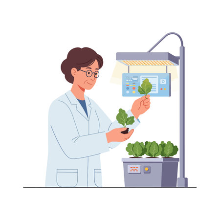 A scientist in a white coat inspects healthy green leaves grown in a lab using artificial lighting, demonstrating plant research and innovation.のイラスト素材