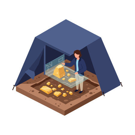A female archaeologist studies golden artifacts on a transparent digital display inside a blue tent, surrounded by soil and excavation tools.のイラスト素材
