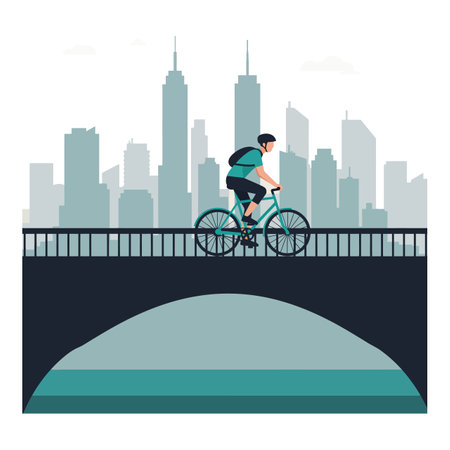 A man wearing a helmet and backpack rides a bicycle across a bridge with tall city buildings behind, conveying an active urban lifestyle.のイラスト素材
