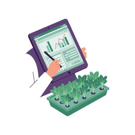 A scientist holds a tablet displaying graphs while inspecting green leafy plants growing in a hydroponic tray, symbolizing research and technology.のイラスト素材