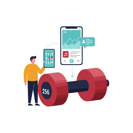 A man in casual clothes uses two mobile devices displaying fitness and health data alongside a large red dumbbell, symbolizing workout tracking.のイラスト素材