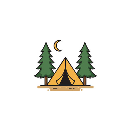 A yellow camping tent stands between two green pine trees under a crescent moon, creating a calm and peaceful outdoor night scene.のイラスト素材
