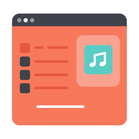 A flat design music player interface displays a playlist with four items and a turquoise audio note icon on orange background representing digital media.のイラスト素材
