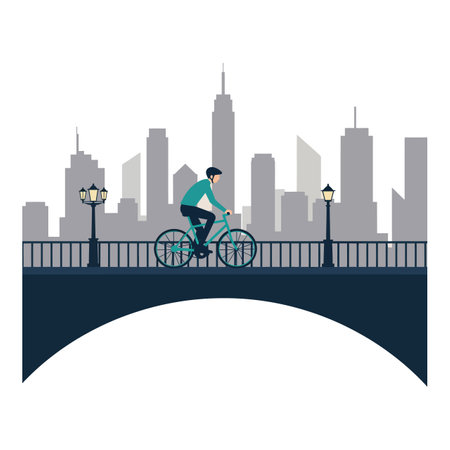 A man wearing a helmet cycles on a bridge with street lamps against a gray city skyline, evoking a calm urban atmosphere.のイラスト素材
