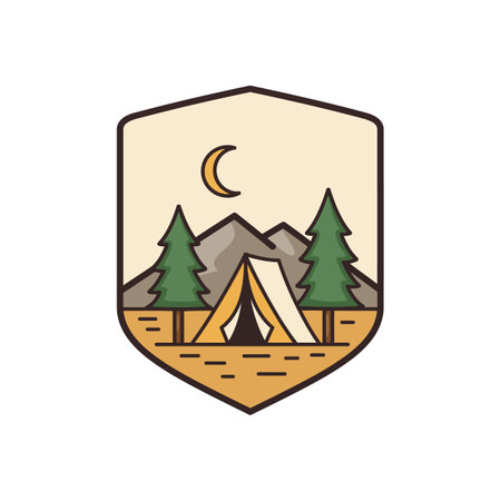 A yellow camping tent stands between two green pine trees with gray mountains and a crescent moon in a calm nighttime outdoor scene.のイラスト素材