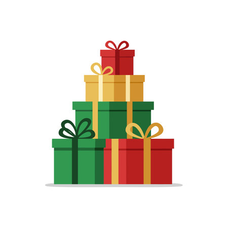 A collection of red, green, and gold gift boxes stacked together, each adorned with ribbon bows, creating a festive and celebratory mood.のイラスト素材
