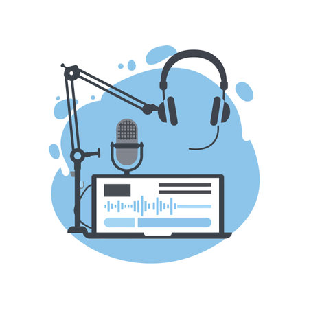 A professional podcast setup featuring a microphone on a stand, over-ear headphones, and a digital audio interface in a minimal flat style.のイラスト素材