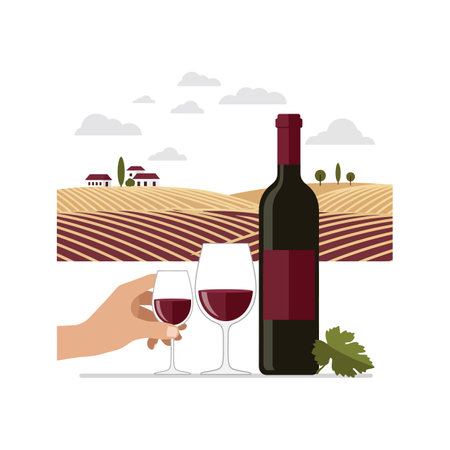 A red wine bottle with two filled glasses, one held by a hand, set against a golden vineyard landscape with rolling hills and cloudy sky, calm mood.のイラスト素材