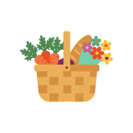 A woven picnic basket filled with leafy greens, orange carrots, a loaf of bread, and vibrant multicolored flowers in a minimal flat vector style.のイラスト素材