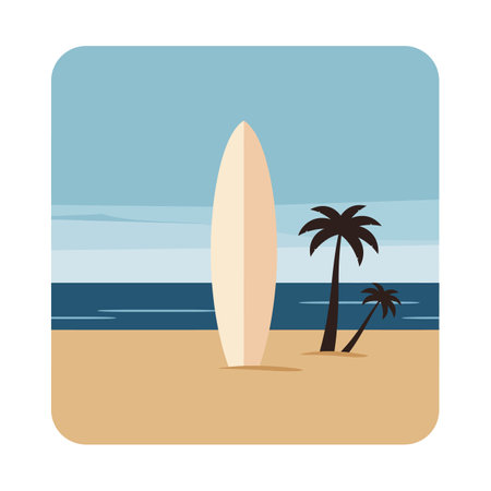 A single surfboard is planted in the sand near two palm trees by the tranquil sea under soft blue sky, evoking a peaceful beach mood.のイラスト素材
