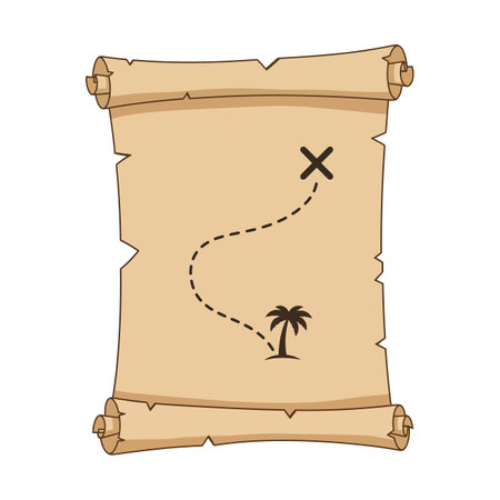 A vintage-style treasure map with curled edges shows a palm tree and a dotted path leading to an X mark, symbolizing hidden treasure and adventure.のイラスト素材