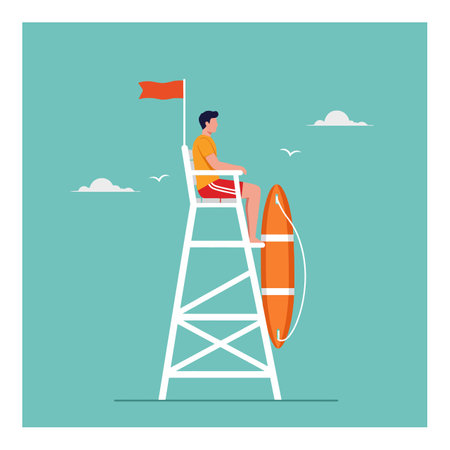 A lifeguard in orange shirt and red shorts sits on a tall white tower holding a lifebuoy, watching the beach under a blue sky with clouds.のイラスト素材