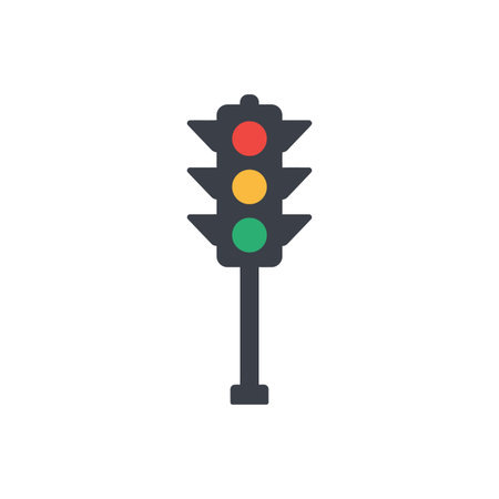 A simple traffic light pole displays red, yellow, and green round signals in a clean, flat vector style, symbolizing stop, caution, and go states.のイラスト素材