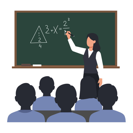 A woman in formal attire writes math equations on a green chalkboard while four students watch attentively in a classroom setting.のイラスト素材