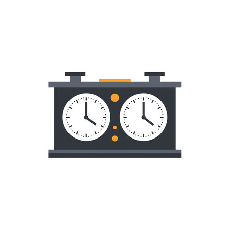 A black chess clock with two white round dials and orange buttons, set against a white background, depicting a game timer in flat style.のイラスト素材