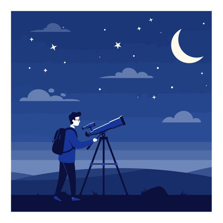 A young man with glasses and backpack observes the night sky using a telescope, surrounded by stars and crescent moon, creating a calm nighttime atmosphere.のイラスト素材