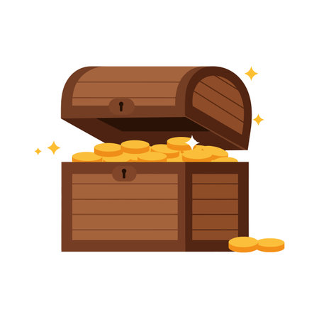 A wooden chest overflowing with shiny gold coins, depicted in flat style, symbolizing wealth and treasure with bright highlights.のイラスト素材