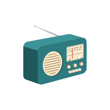 A teal vintage radio with a speaker grill, antenna, tuning dial, and three knobs shown in a simple flat vector style.のイラスト素材