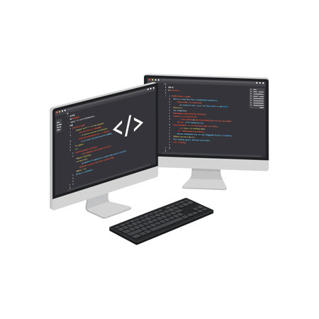 Two modern monitors show lines of colorful code on dark backgrounds with a black keyboard in front, illustrating programming work in progress.のイラスト素材
