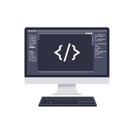 A modern desktop monitor displays coding brackets on a dark interface with keyboard below, illustrating programming or software development concept.のイラスト素材