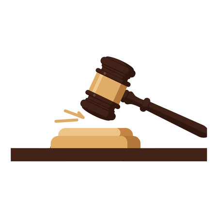 A wooden judge gavel hits a sounding block with motion lines, symbolizing law, justice, and decision-making in a clean flat style.のイラスト素材