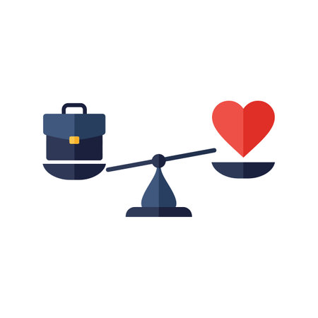 A seesaw scale balances a dark blue business briefcase and a bright red heart, symbolizing work-life balance in a clean minimal style.のイラスト素材