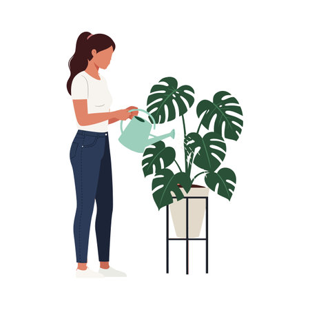 A woman in a white shirt and jeans waters a large monstera plant in a pot on a metal stand, creating a calm and nurturing atmosphere.のイラスト素材