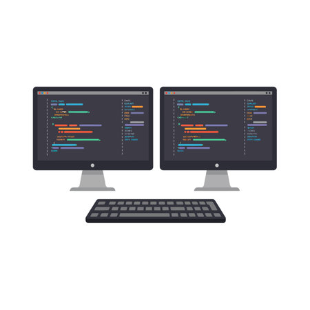 Two gray computer monitors display colorful programming code with a black keyboard below, illustrating coding work in a clean flat design style.のイラスト素材