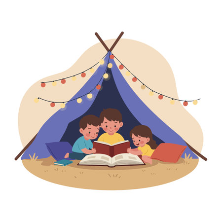 Three children sit inside a blue tent under glowing string lights, reading books together in a cozy, warm atmosphere outdoors.のイラスト素材