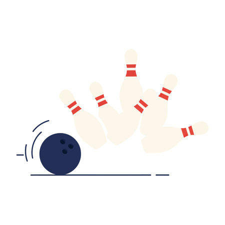 A dark blue bowling ball rolls swiftly, knocking down white pins with red stripes in a simple, clean, and dynamic flat vector style.のイラスト素材