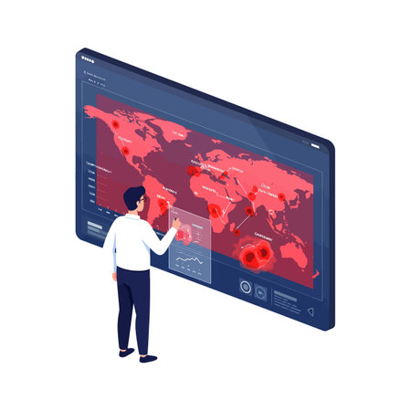 A man in white shirt interacts with a large digital world map displaying red data points and charts, focusing on global analysis and monitoring.のイラスト素材
