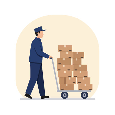 A delivery worker wearing a blue uniform pushes a hand truck loaded with multiple cardboard boxes, illustrating logistics and package handling.のイラスト素材