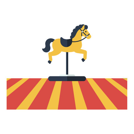 A yellow carousel horse with black mane and saddle stands on a black pole atop a brightly striped red and yellow platform, evoking playful amusement.のイラスト素材