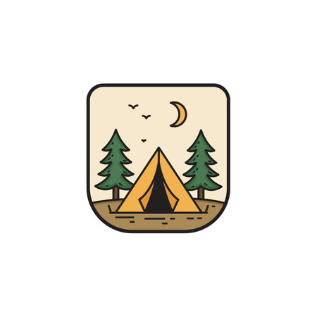 A yellow camping tent sits on a dirt ground between two green pine trees with birds flying and a crescent moon in the sky, peaceful mood.のイラスト素材