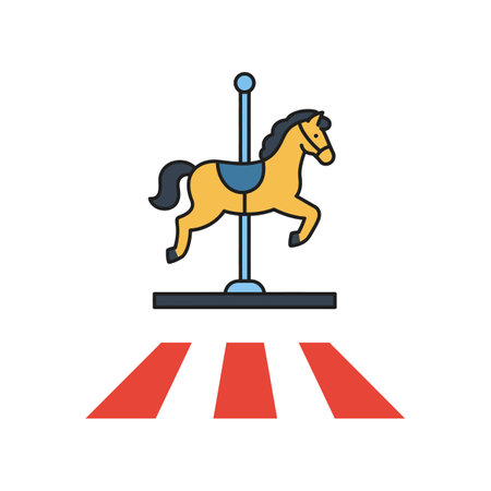 A yellow carousel horse with black mane and tail mounted on a blue pole above a red striped platform, featuring a clean flat design style.のイラスト素材
