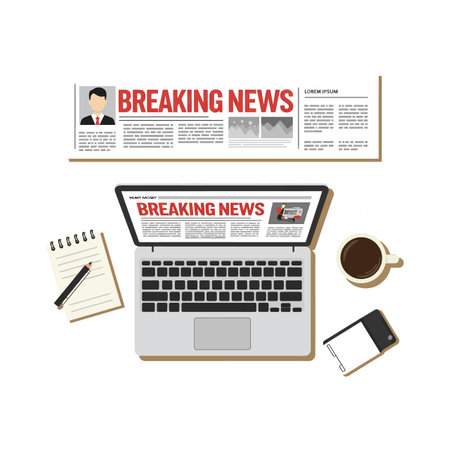 A laptop displays breaking news on the screen surrounded by a coffee cup, smartphone, notebook, and pen in a clean flat vector style.のイラスト素材