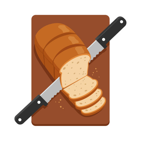 A sliced loaf of bread with a serrated knife on a brown cutting board, showing crumb texture and crumbs scattered around.のイラスト素材