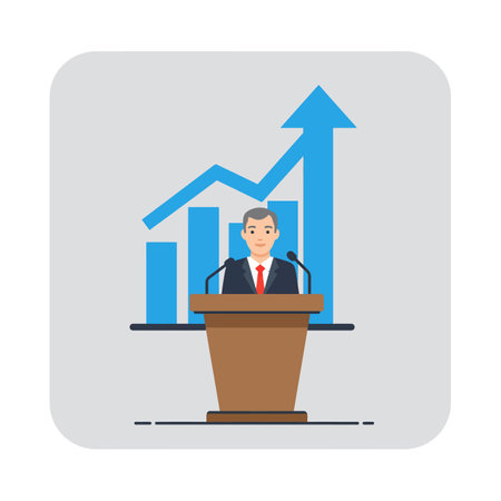 A man in a suit stands behind a podium speaking into microphones with a rising bar graph and arrow indicating business growth and success.のイラスト素材