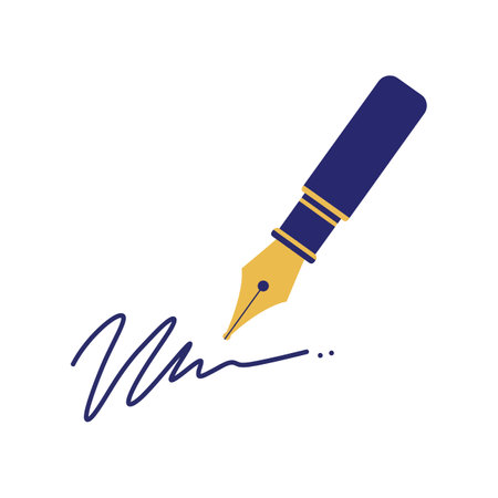 A dark blue fountain pen with a gold nib creates a stylish signature line on a white background, conveying professionalism and creativity.のイラスト素材