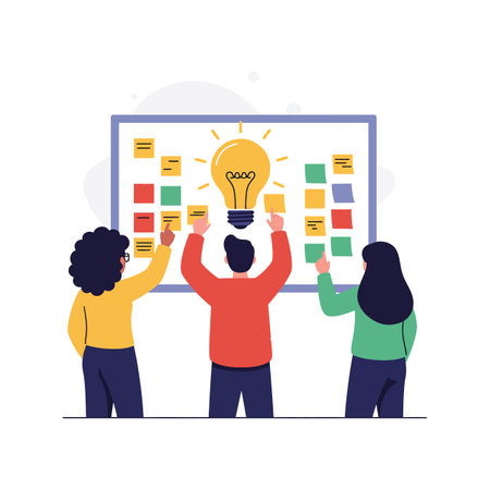 Three individuals place and organize colorful sticky notes on a whiteboard under a glowing light bulb symbolizing teamwork and creative brainstorming.のイラスト素材