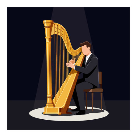 A man in a black suit sits on a wooden chair playing a large golden harp under a single spotlight on a dark stage.のイラスト素材