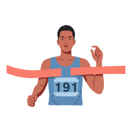 Male athlete wearing blue tank top crosses the finish line in a running race, showing determination and focus in a competitive moment. Energetic mood.のイラスト素材