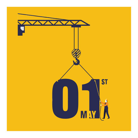 Illustration shows a crane lifting the date May 1st with a construction worker on yellow background in a minimalist style. Calm mood.のイラスト素材