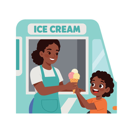 Woman hands a triple scoop ice cream cone to a happy child at an ice cream truck in bright daylight, creating a joyful summer scene.のイラスト素材
