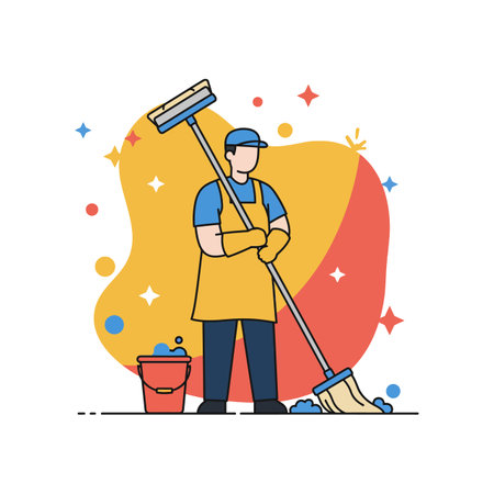 Janitor uses mop and bucket to clean floor with sparkles around, wearing yellow apron and blue...