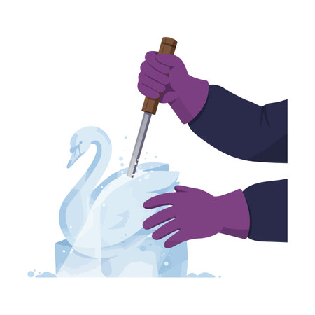 Illustration shows a person carving an ice swan sculpture wearing purple gloves and dark sleeves in a cold atmosphere with detailed ice texture, calm mood.のイラスト素材