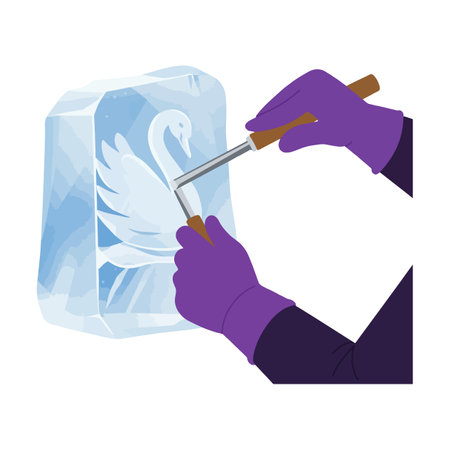 Ice sculptor carves intricate swan figure from block of ice using chisel and gloved hands in a clean vector illustration, calm mood.のイラスト素材